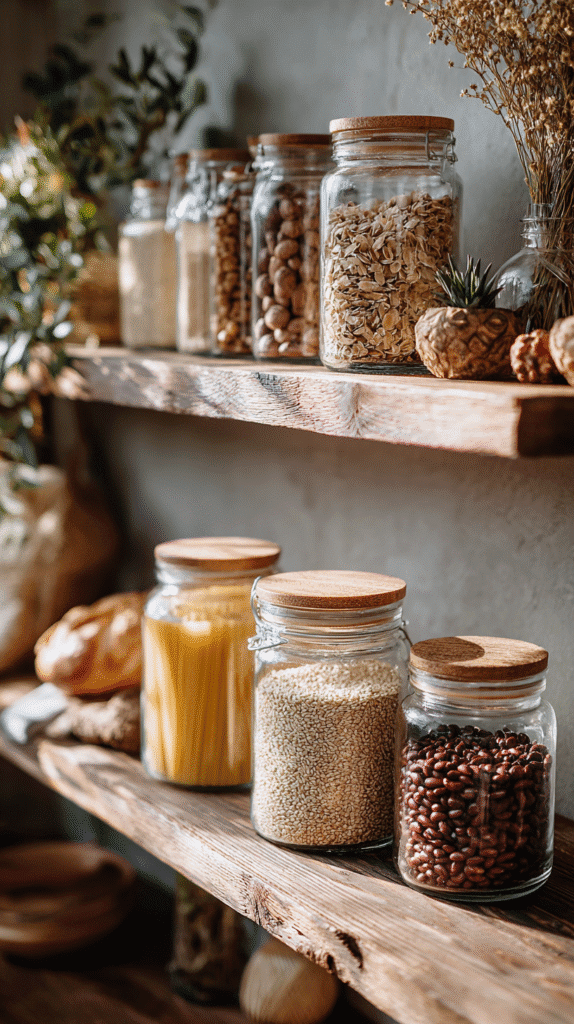 Jars of dry goods on rustic wooden shelves, featuring pasta, grains, and beans in a cozy, light-filled kitchen setting.