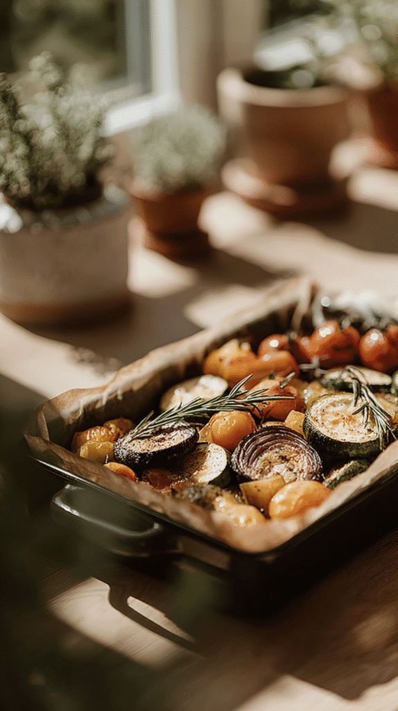 meal-plan-budget-roasted-veg Sunny kitchen with a tray of roasted vegetables, including zucchini, tomatoes, and onion, garnished with rosemary.