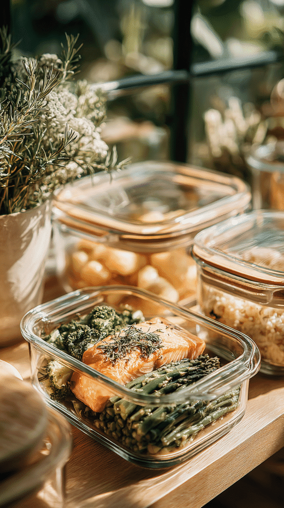 Glass container with salmon, green beans, broccoli; healthy meal prep on wooden table, sunlight, fresh herbs nearby.