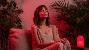 Woman relaxing under red light therapy lamp amidst indoor plants.