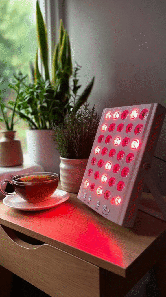 Red light therapy device on a wooden table with a cup of tea and potted plants nearby.