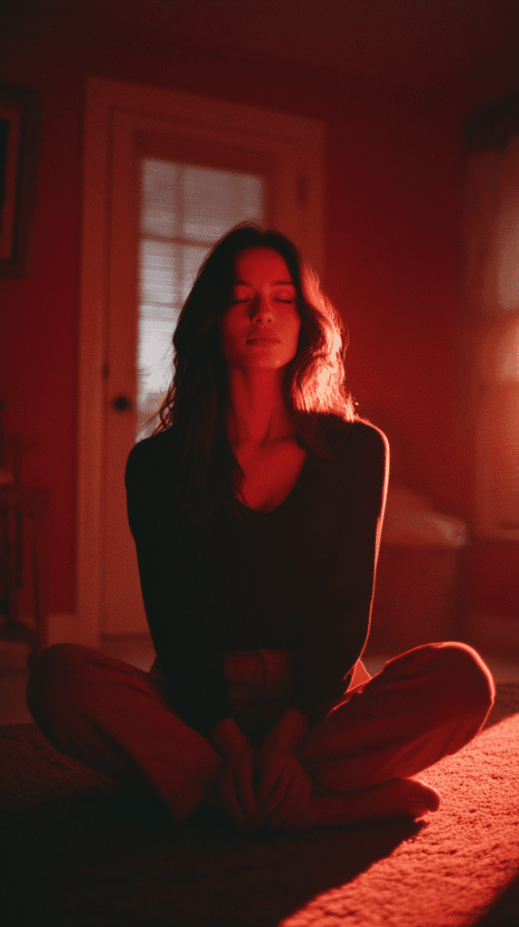 Woman meditating in red-lit room, sitting cross-legged with eyes closed, serene and relaxed.
