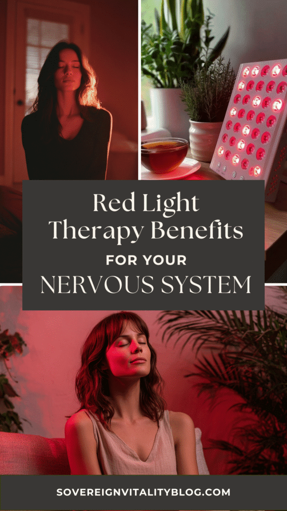 Woman experiencing red light therapy benefits for relaxation and nervous system health.