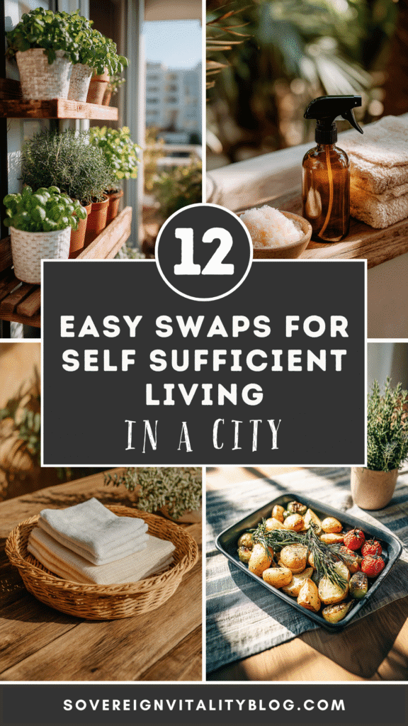 12 easy swaps for sustainable city living with herbs, homemade cleaning products, and eco-friendly practices.