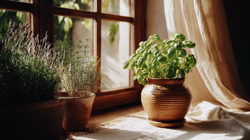 Indoor herbs on a sunny windowsill, featuring basil, rosemary, and lavender in rustic pots. Cozy home gardening scene.