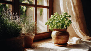 Indoor herbs on a sunny windowsill, featuring basil, rosemary, and lavender in rustic pots. Cozy home gardening scene.