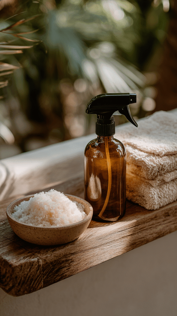 Amber spray bottle and bath salts on wooden tray with stacked towels, set in a natural, spa-like setting.