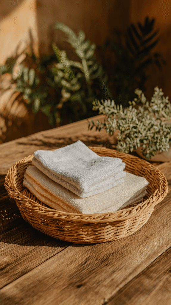 Stacked linen towels in a wicker basket on a wooden table, with plants in the background.