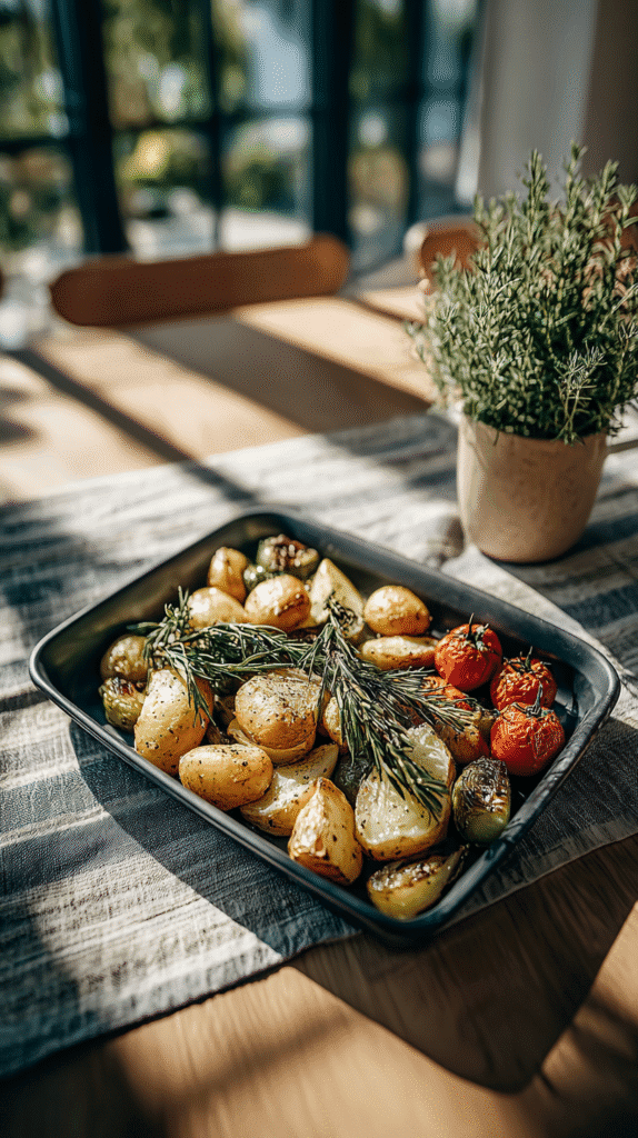 Roasted potatoes, cherry tomatoes, and rosemary in a tray on a sunlit table for a healthy meal option.