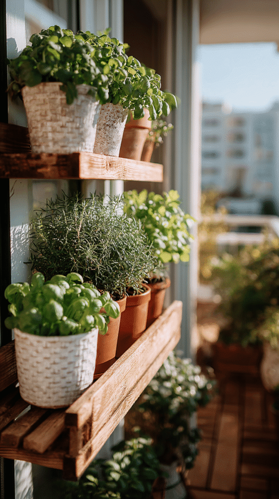 Herbs in pots on a sunny balcony shelf, perfect for urban gardening enthusiasts looking to grow fresh plants at home.