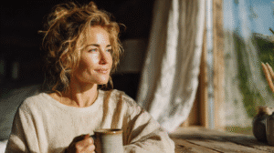 Woman enjoying a peaceful morning, drinking coffee by a sunlit window.