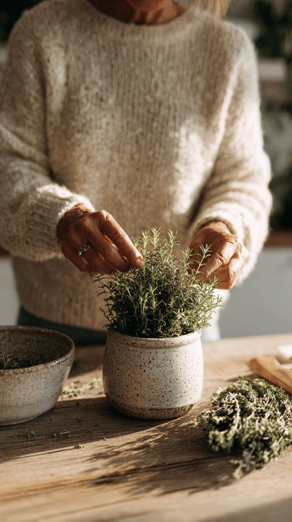 Person tending to potted rosemary on wooden table, emphasizing gardening and plant care indoors.