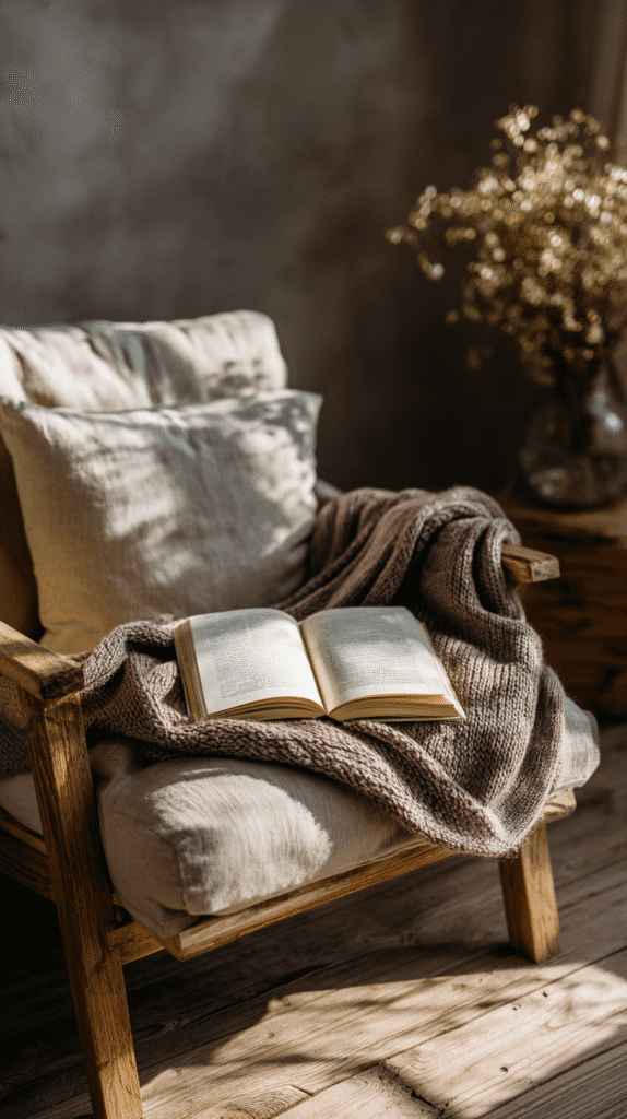 Cozy chair with a blanket and book bathed in warm sunlight, creating a perfect reading nook atmosphere.