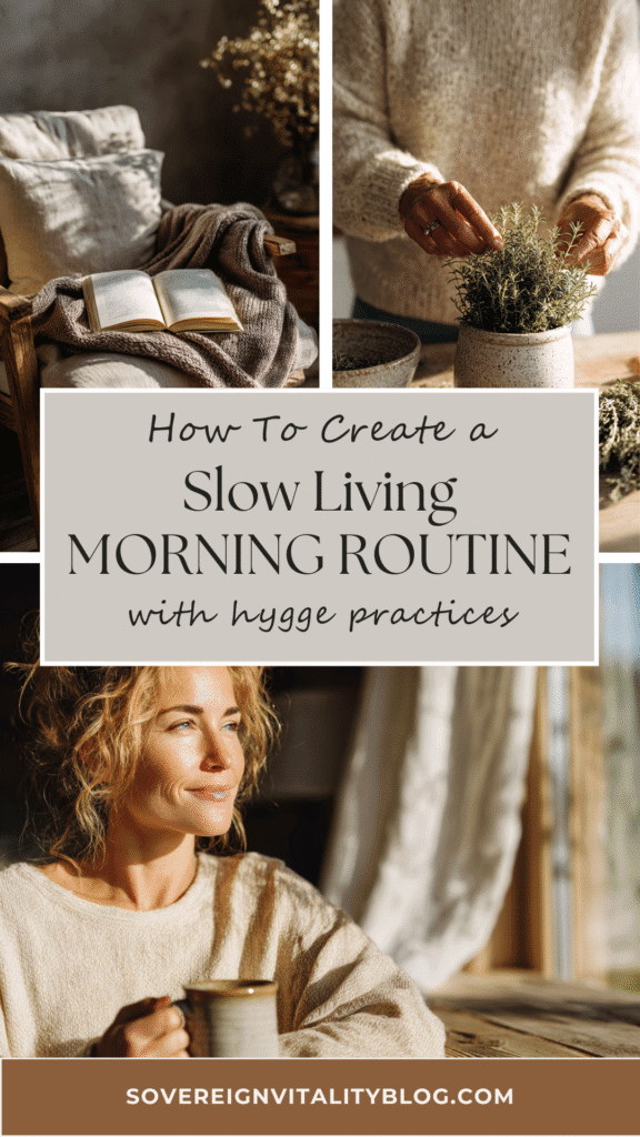 Cozy slow living morning routine with hygge elements and mindfulness practices for relaxation and peace.