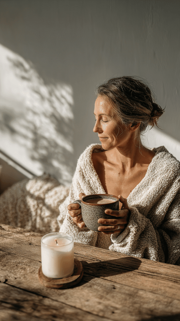 Woman wrapped in a cozy blanket enjoying coffee beside a lit candle, basking in natural light.