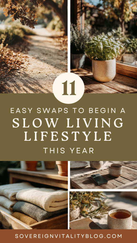 11 easy swaps for embracing a slow living lifestyle this year, featuring cozy and nature-inspired elements.