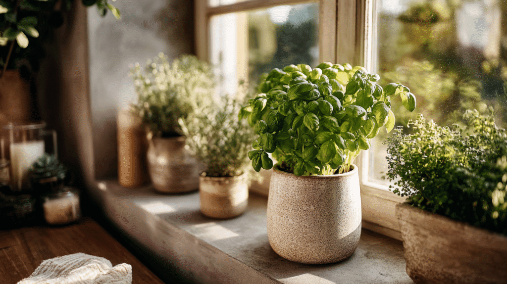Potted herbs basking in sunlight on a windowsill, creating a fresh and vibrant indoor garden atmosphere.