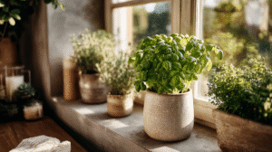 Potted herbs basking in sunlight on a windowsill, creating a fresh and vibrant indoor garden atmosphere.