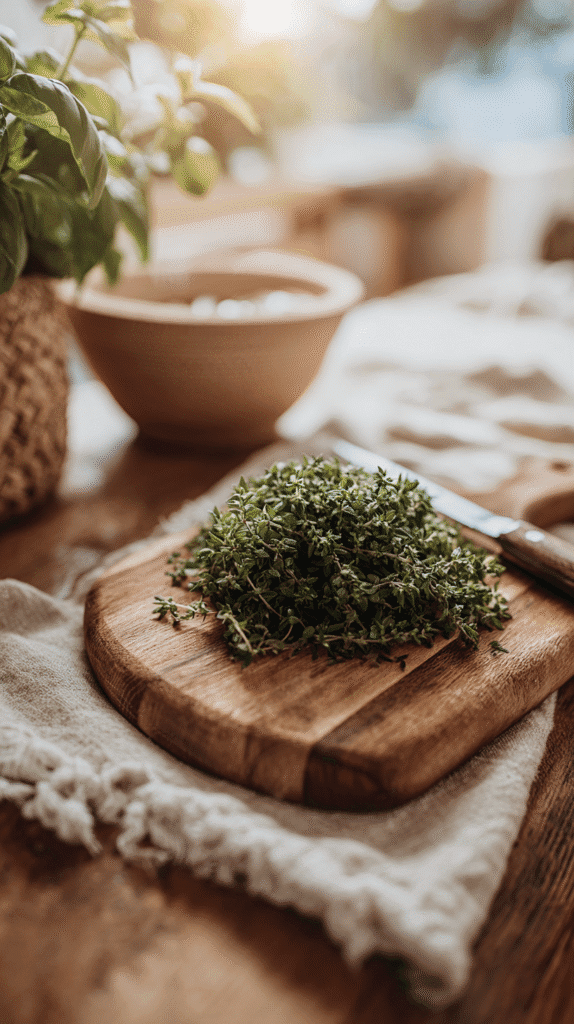 Fresh herbs on a wooden cutting board with a knife, basking in warm daylight, evoke a cozy kitchen ambiance.