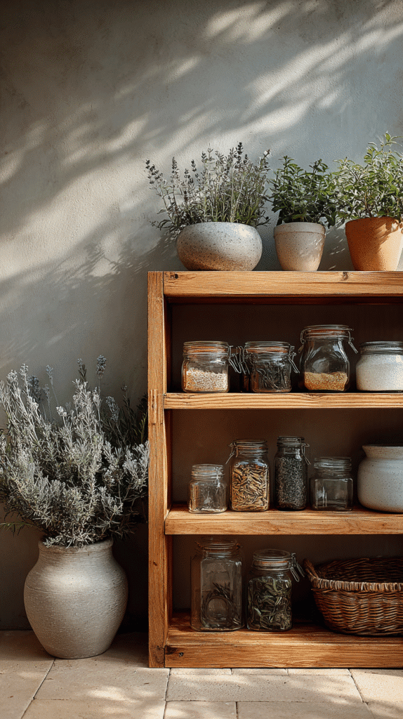 Wooden shelf with glass jars and potted herbs, perfect for rustic kitchen decor and natural living enthusiasts.