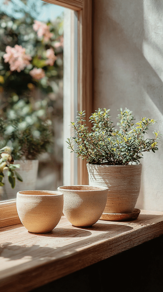 Potted plant and clay cups on sunlit wooden windowsill, with blurred flowers outside.