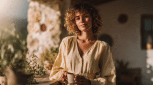 Woman enjoying a sunny day with a coffee cup, wearing a light linen dress, surrounded by greenery.