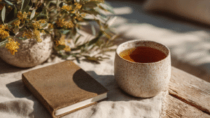 Ceramic cup of tea with a book and wildflowers on rustic wooden table in sunlight. Relaxing and cozy atmosphere.