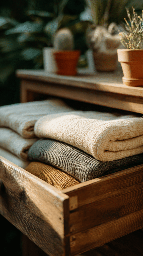 Neatly folded towels in a wooden drawer with potted plants in the background, creating a cozy, natural ambiance.