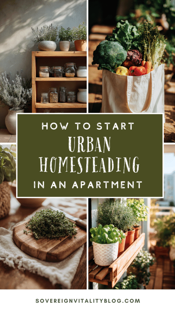 Urban homesteading tips: starting apartment gardening with herbs and vegetables. Visit sovereignvitalityblog.com for more.