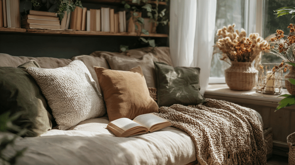 Cozy sunlit reading nook with cushions, blanket, open book, and decorative plants on a sofa by the window.