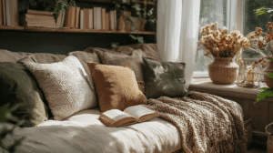 Cozy sunlit reading nook with cushions, blanket, open book, and decorative plants on a sofa by the window.