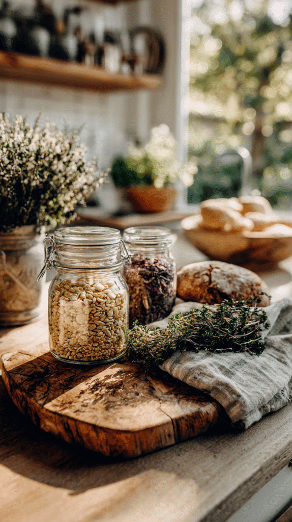 apartment-self-sufficiency-winter-food Rustic kitchen scene with glass jars of grains, fresh bread, and herbs on a wooden board in natural sunlight.