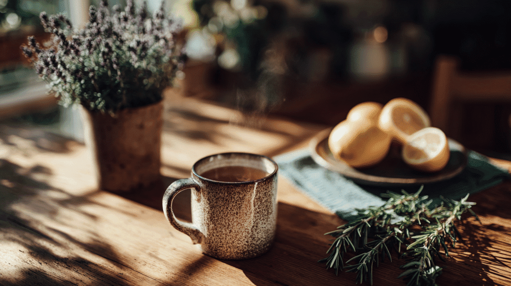 Rustic ceramic mug with steaming tea, fresh lemons, and lavender on a sunlit wooden table.