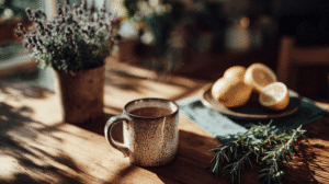 Rustic ceramic mug with steaming tea, fresh lemons, and lavender on a sunlit wooden table.
