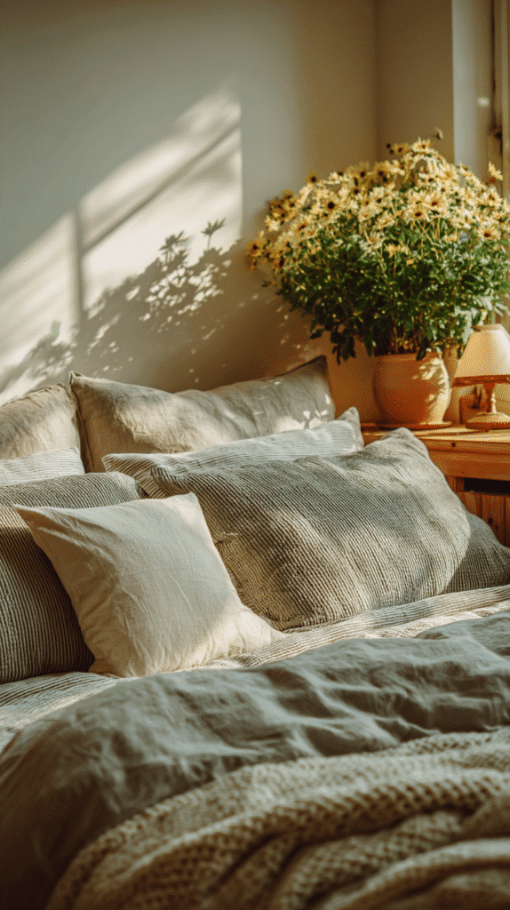 boost-immunity-naturally-bed Cozy bed with sunlight, cushions, and decorative plants; perfect tranquil bedroom setting for relaxation.
