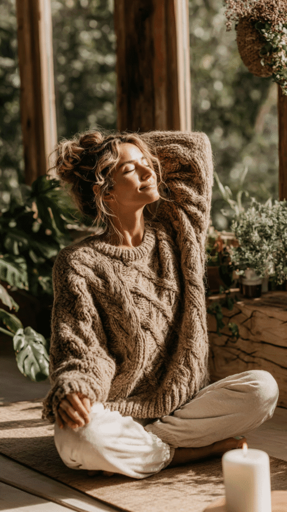 boost-immunity-naturally-stretching Woman enjoying sunshine indoors, wearing cozy sweater, surrounded by plants, sitting cross-legged with a lit candle nearby.