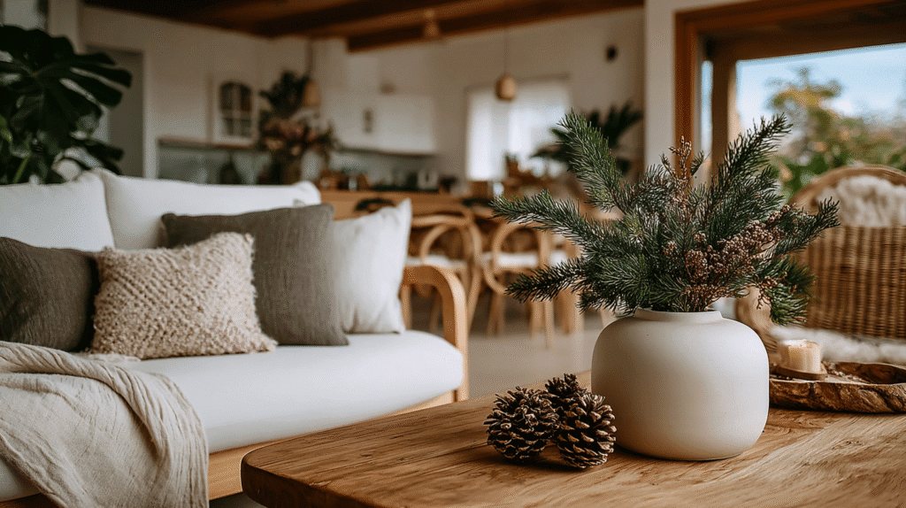Cozy living room decor with pine branch centerpiece, pillows, and natural accents on a wooden table.