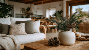 Cozy living room decor with pine branch centerpiece, pillows, and natural accents on a wooden table.