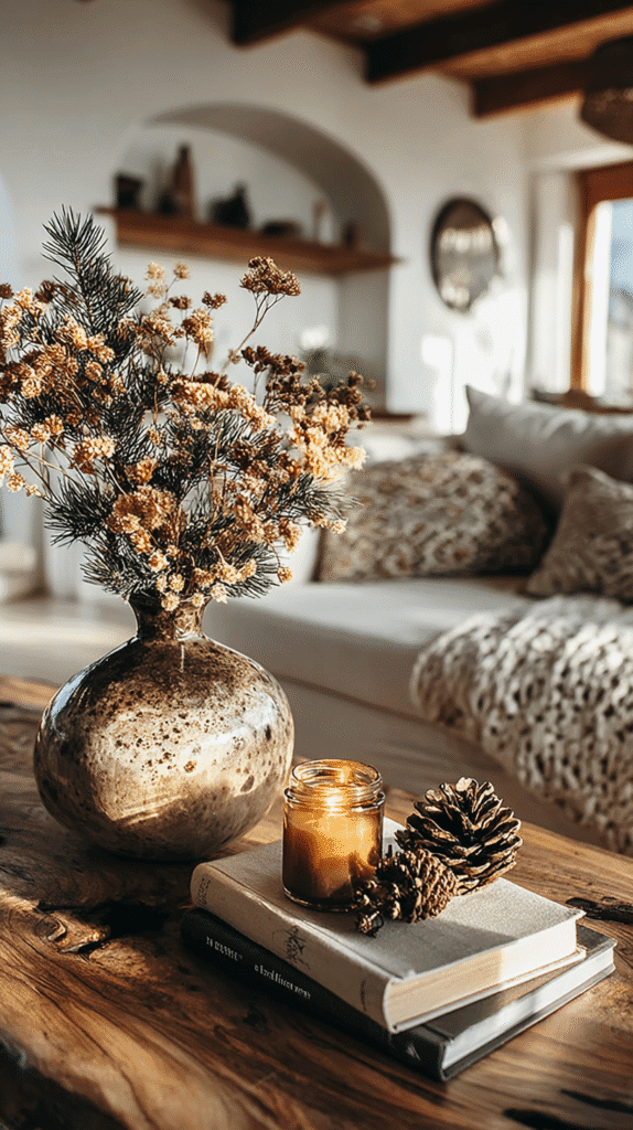 calm-holiday-home-decor Cozy living room with a vase of flowers, lit candle, pinecones, and books on a wooden table. Warm, inviting decor.