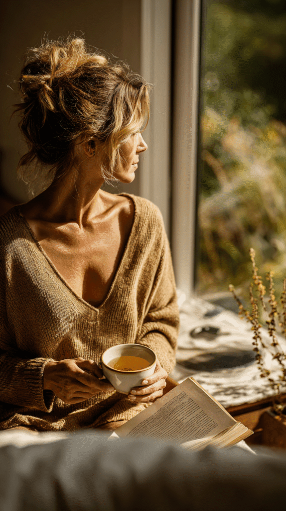 calm-holiday-home-moment Woman enjoys tea and book by sunny window, wearing cozy sweater; peaceful autumn afternoon relaxation scene.