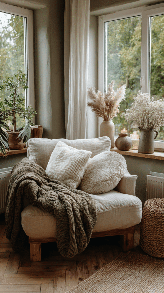 calm-holiday-home-reading-nook Cozy reading nook with soft pillows, plush blanket, and plants by a window, creating a tranquil interior space.