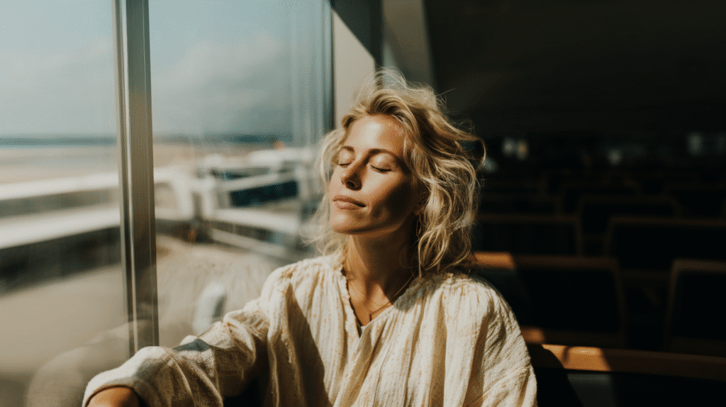 Woman relaxing by a window, eyes closed, enjoying sunlight on a sunny day. Serene travel moment.