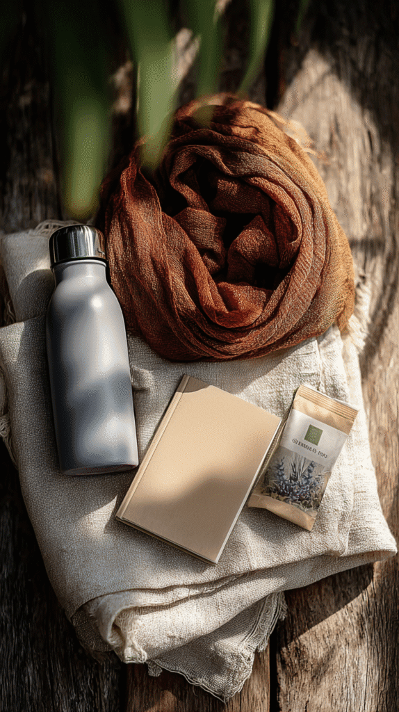 calming-techniques-holiday-travel-kit Cozy travel essentials: water bottle, scarf, notebook, and tea bag on rustic wooden surface with soft lighting.