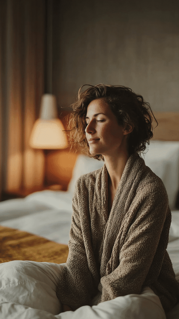 calming-techniques-holiday-travel-stillness Woman in cozy robe sitting on bed in warm-lit bedroom, eyes closed in relaxation.