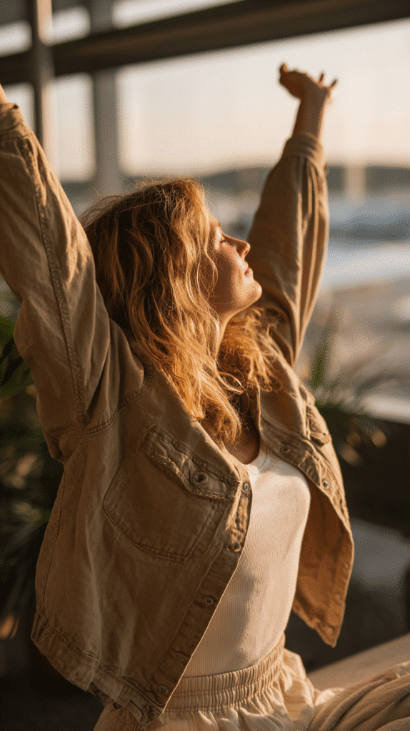 calming-techniques-holiday-travel-stretch Woman stretching in sunlight indoors, wearing a jacket and tank top, enjoying a peaceful morning moment.