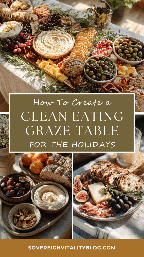 clean-eating-holiday-graze-table Festive graze table with cheese, olives, fruits, and nuts for holiday clean eating. Tips at sovereignvitalityblog.com