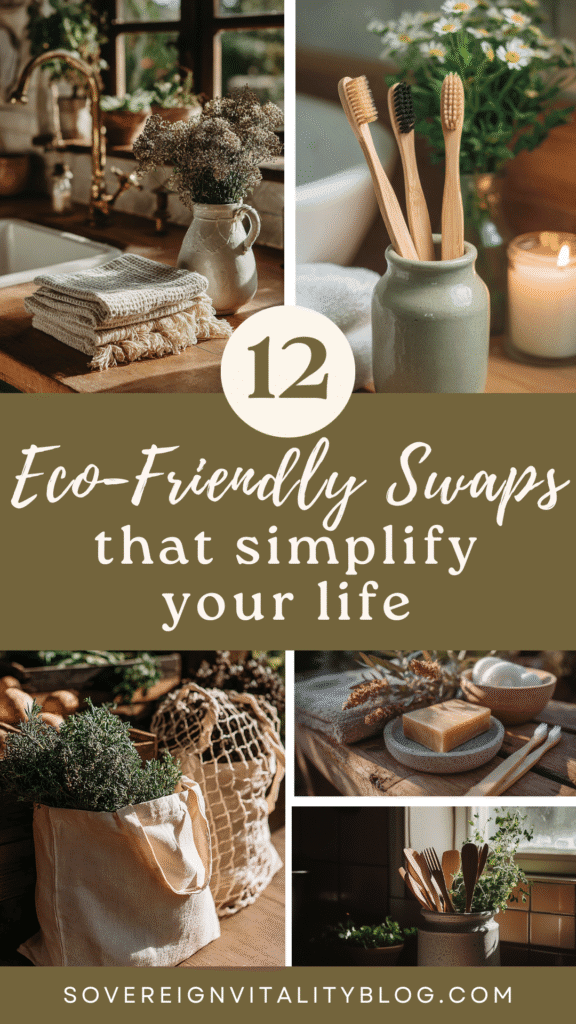 12 eco-friendly swaps for a sustainable lifestyle: reusable items and natural products in a serene kitchen setting.