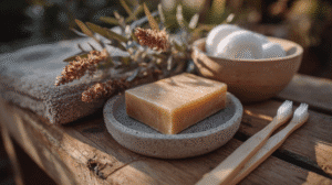 Natural soap, bamboo toothbrushes, towel, and dried flowers on rustic wood background for eco-friendly bathroom decor.
