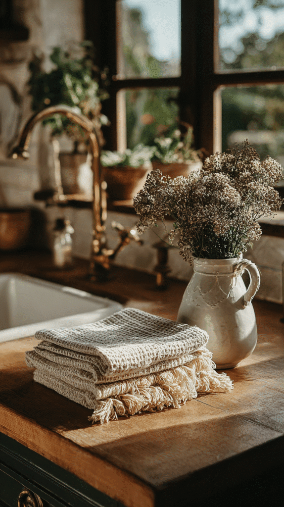 Rustic kitchen scene with folded linen towels and a ceramic jug with dried flowers on a wooden counter.