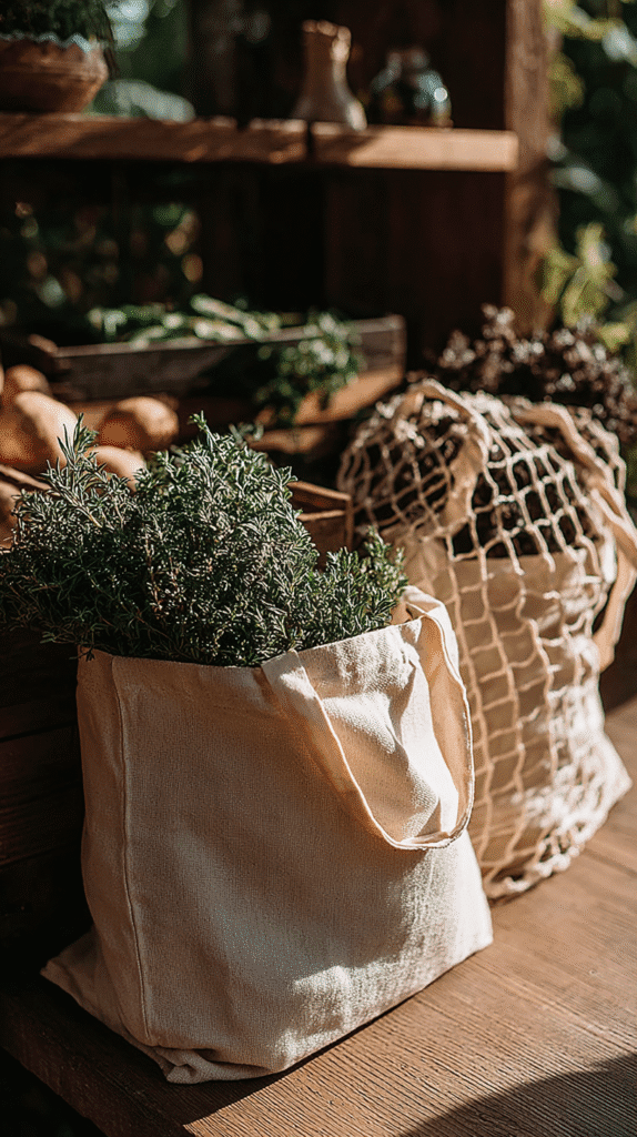 Canvas bags with herbs and produce on a rustic shelf, sunlit and eco-friendly shopping scene.